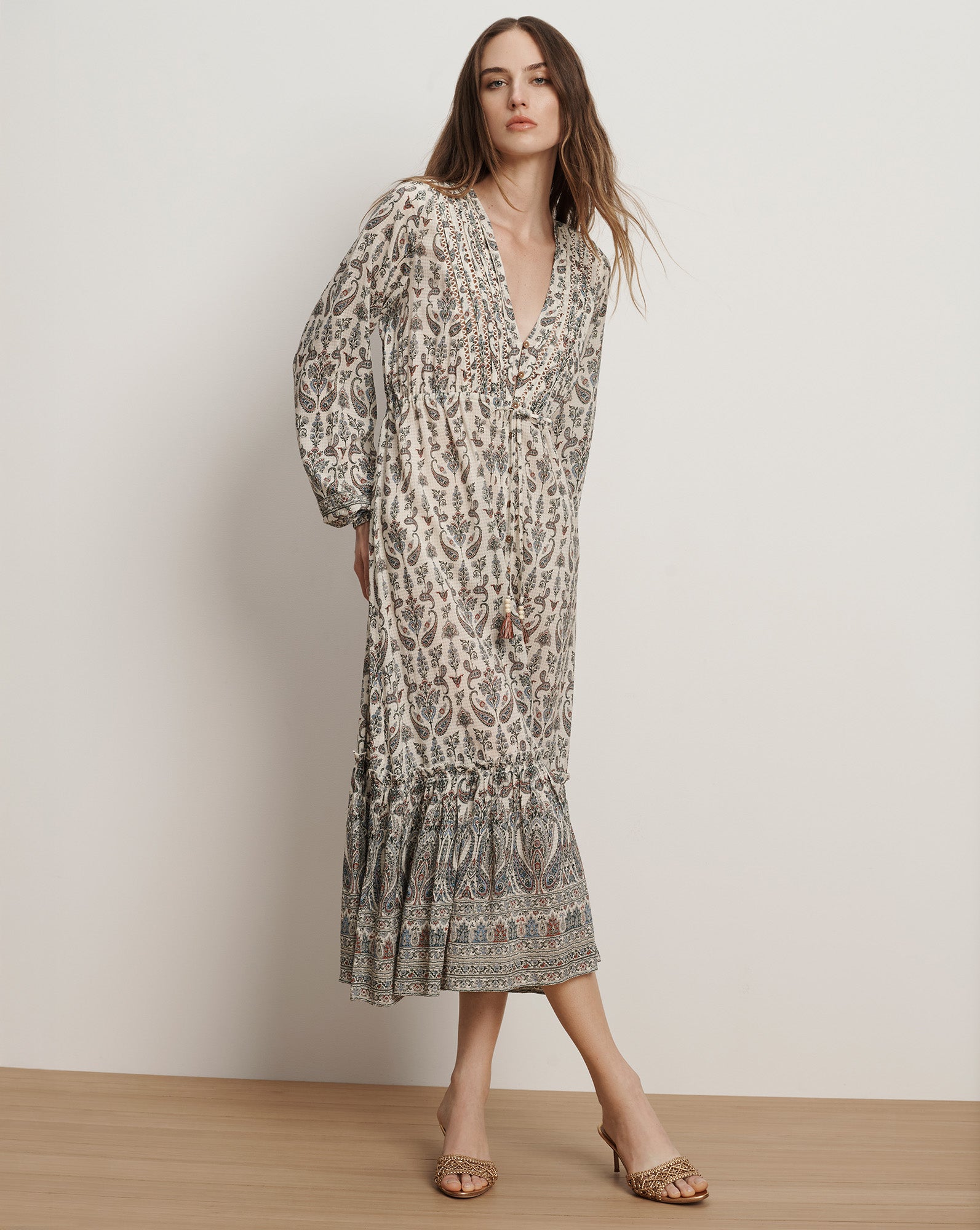 Vani Paisley V-Neck Midi Dress in Ecru Multi | Veronica Beard