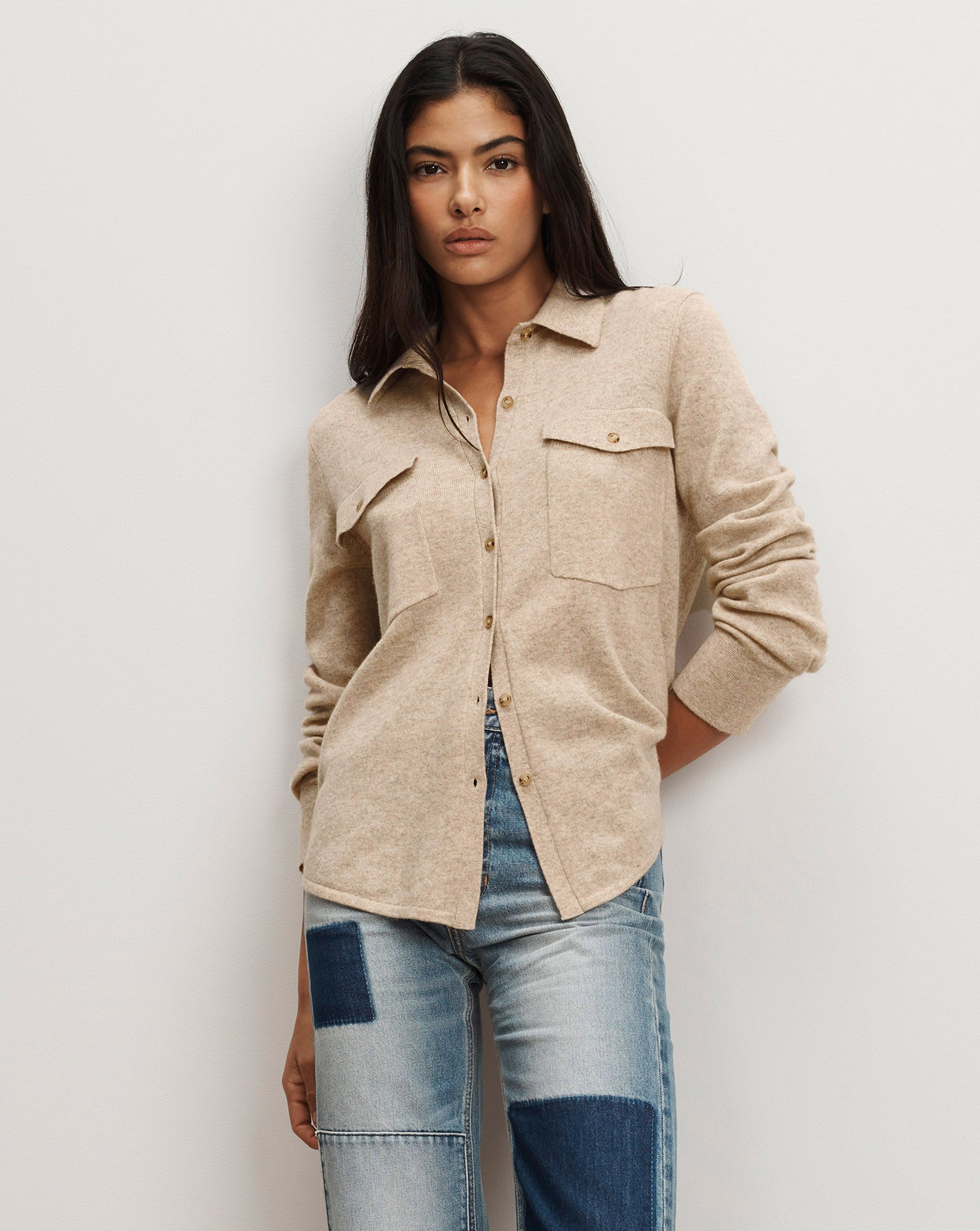 Nelia Cashmere Pullover | Button Accent in Ivory | Veronica Beard