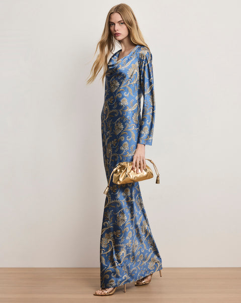 knee length dresses for ladies Veronica Beard Ember Silk-Blend Maxi Dress | Blue Coast Multi