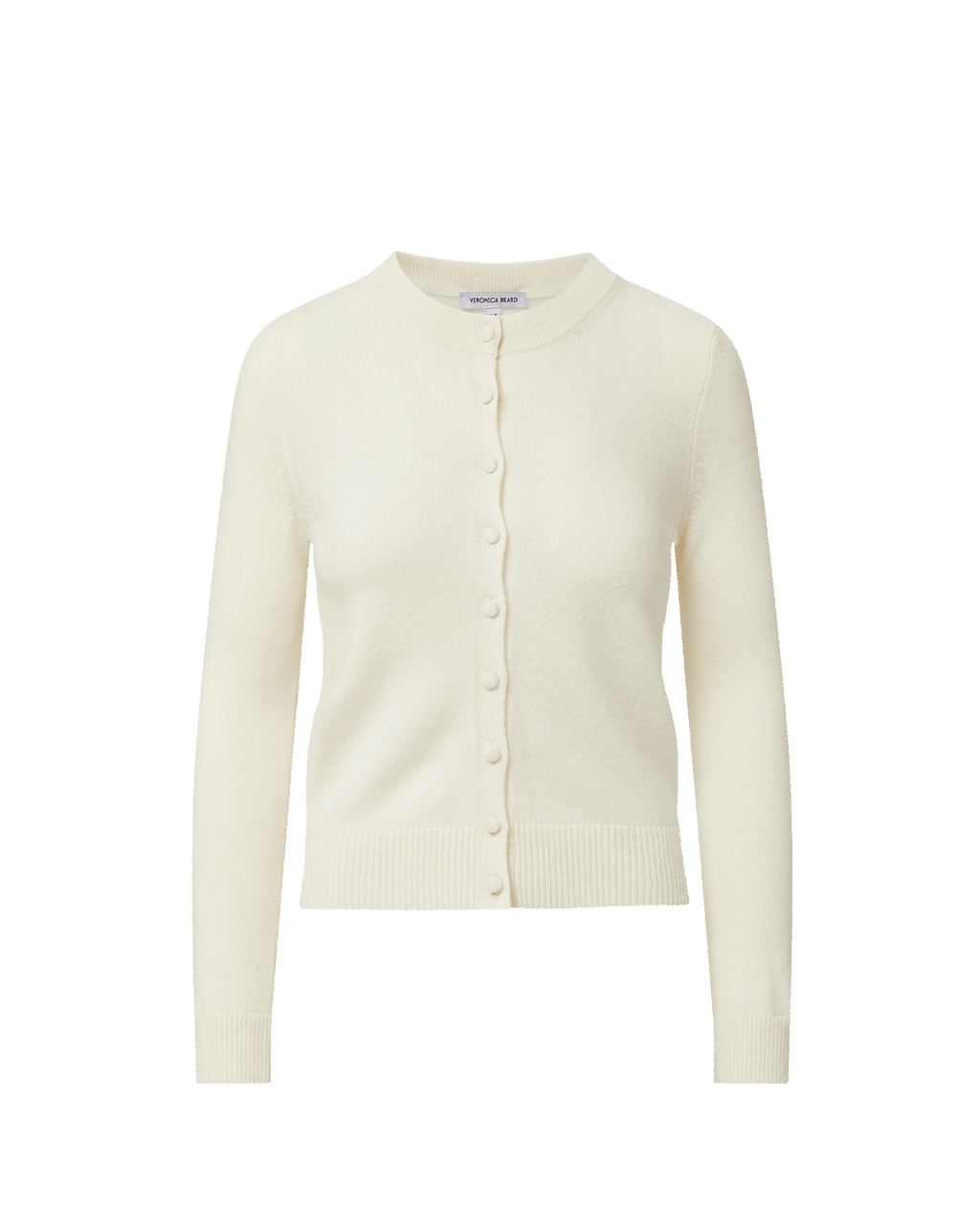 Veronica Beard Cream round-neck cardigan with ribbed cuffs and hem, and small buttons down the front.