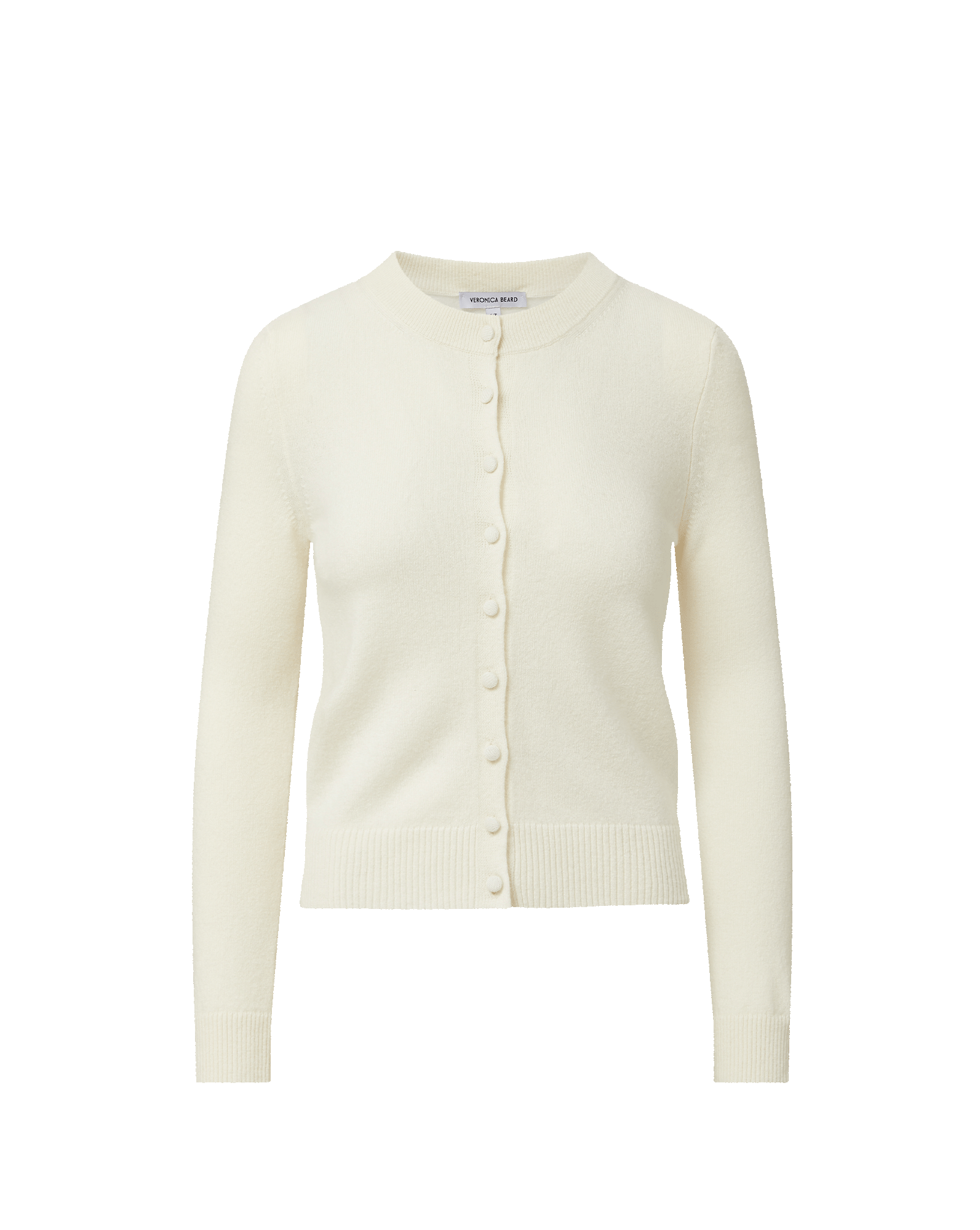 Veronica Beard Cream round-neck cardigan with ribbed cuffs and hem, and small buttons down the front.