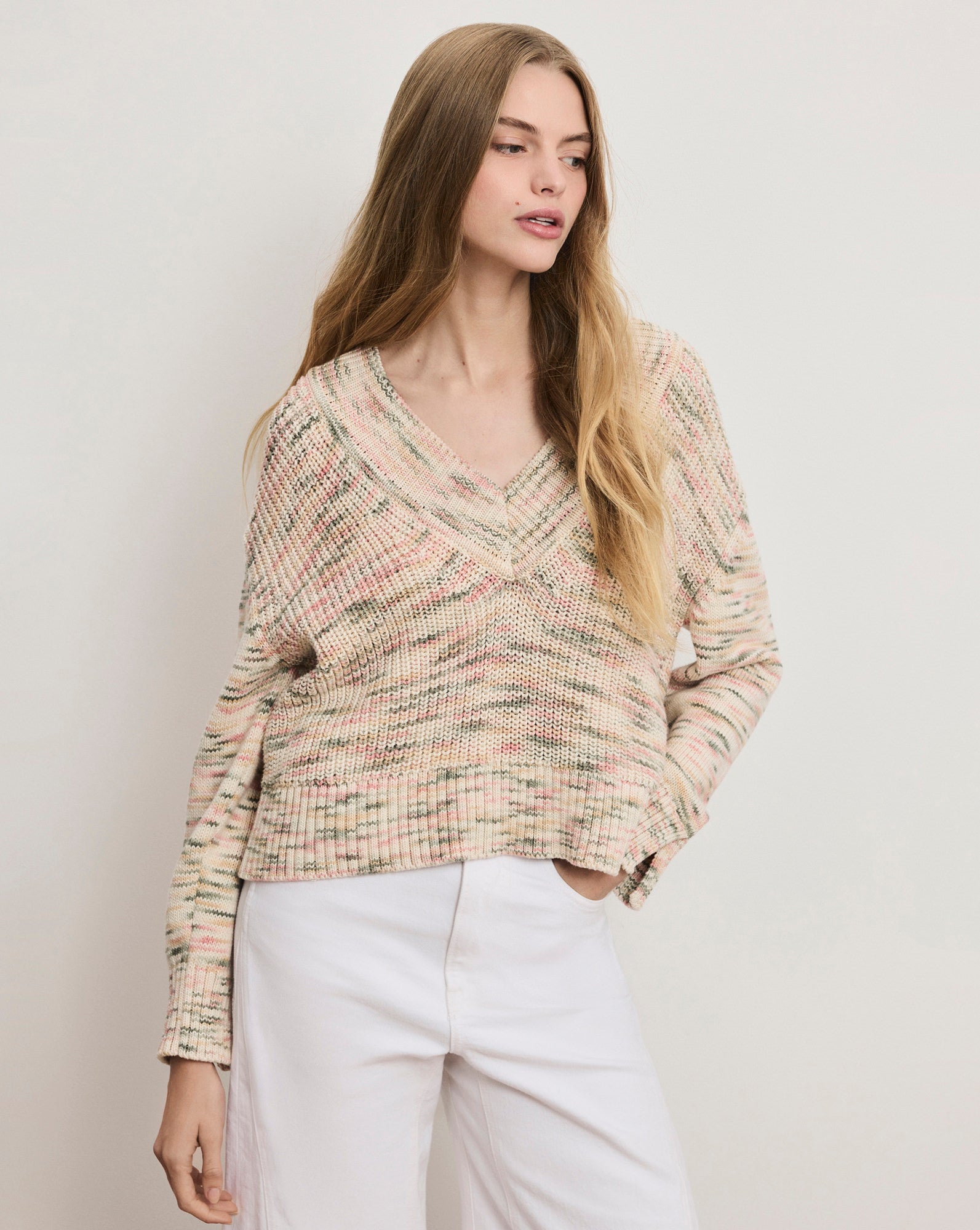 Anola V-Neck Knit Sweater in Off-White | Veronica Beard