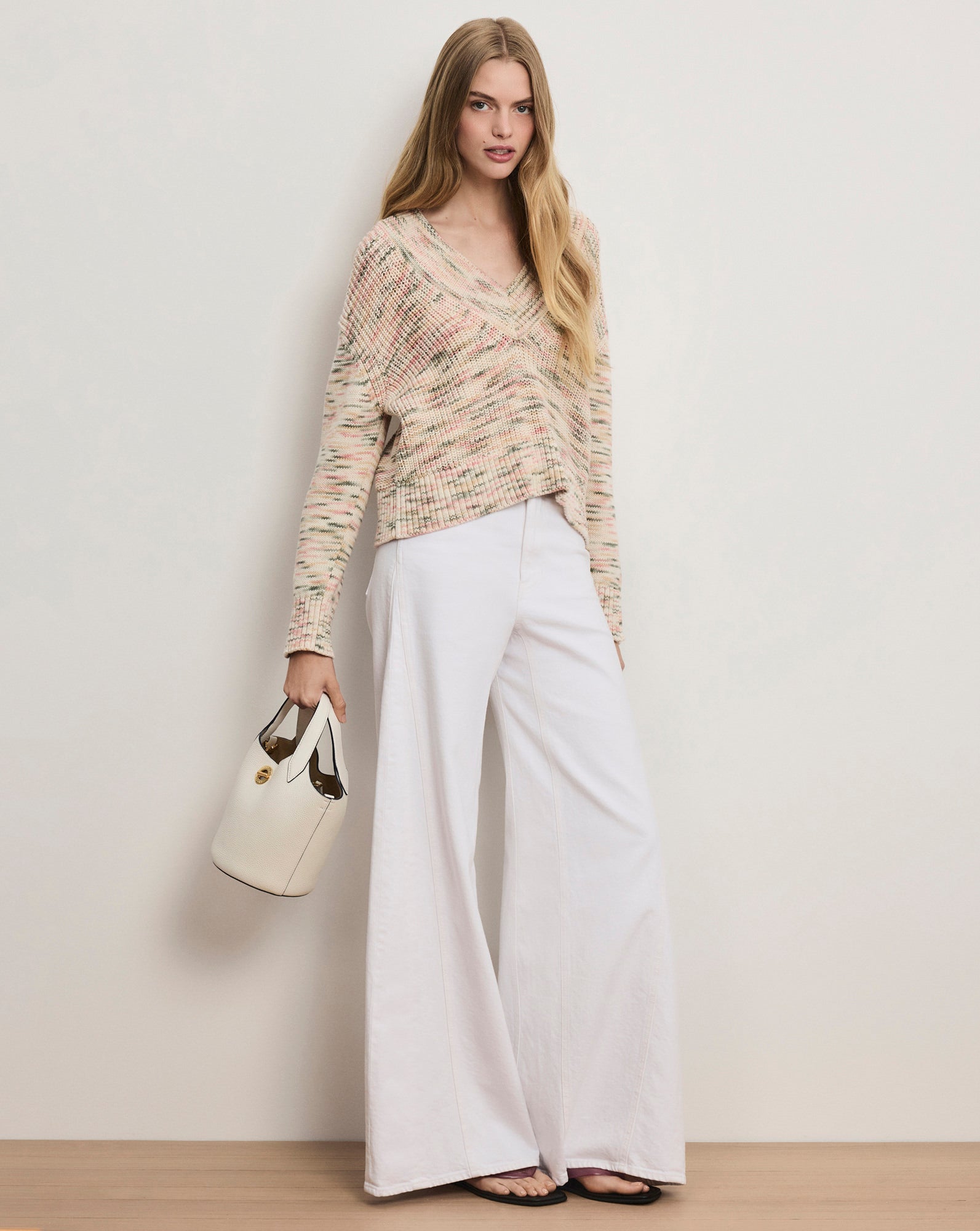 Anola V-Neck Knit Sweater in Off-White | Veronica Beard
