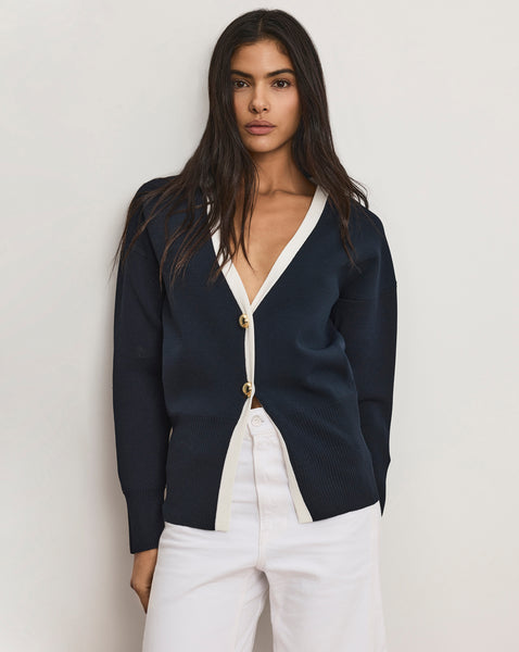 Cillian V-Neck Boyfriend Cardigan in Navy | Veronica Beard