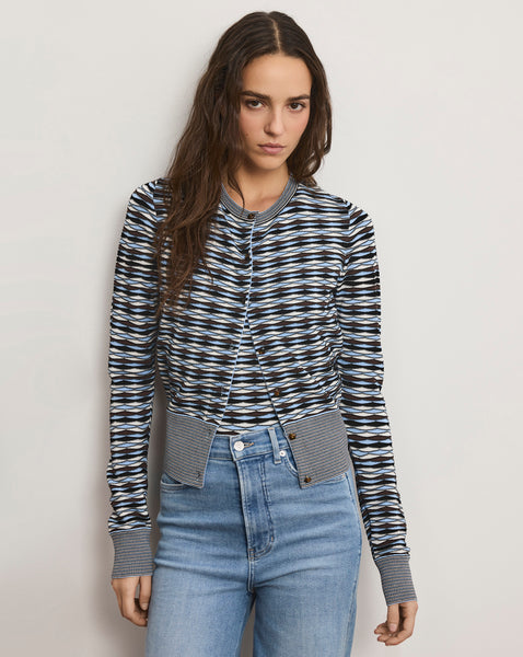 Cambria Knit Cardigan in Blue Diamond Jacquard Jay Multi