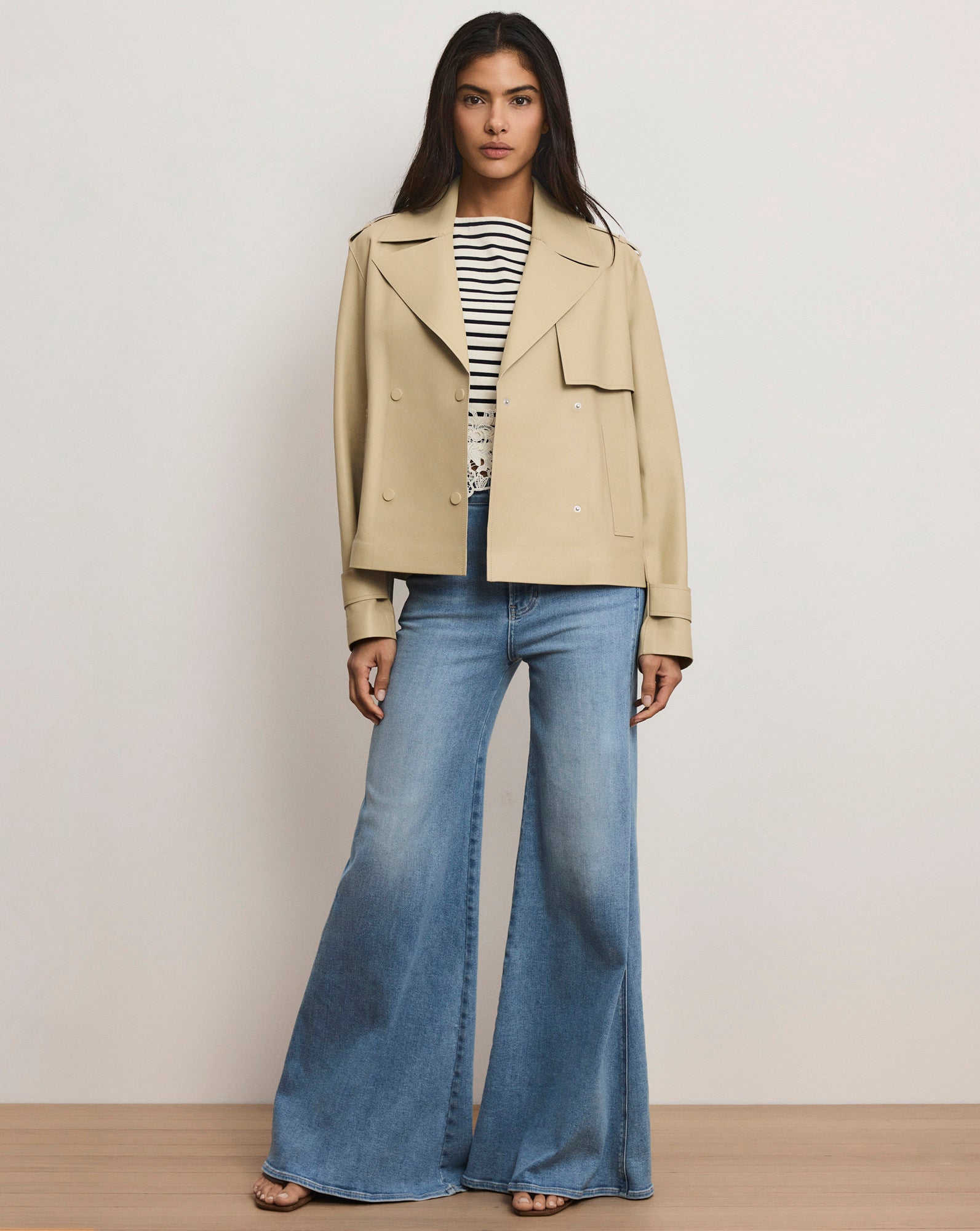 Heathcliff Cropped Leather Trench Coat in Stone Khaki | Veronica Beard