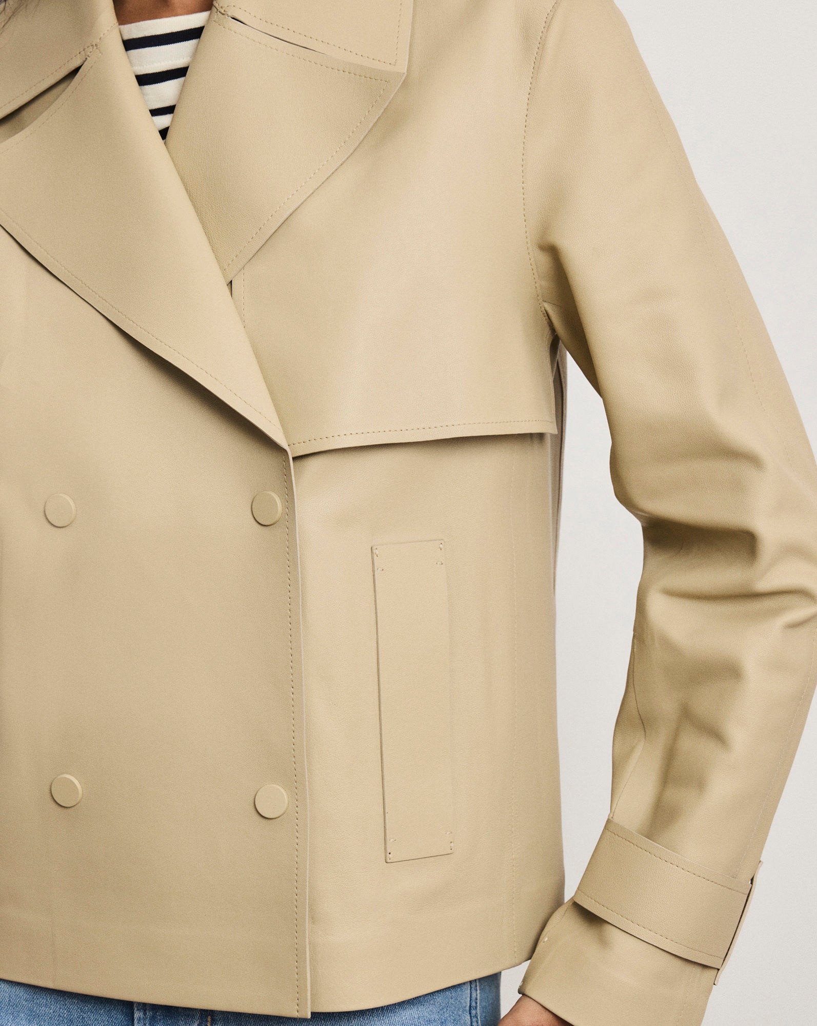 Heathcliff Cropped Leather Trench Coat in Stone Khaki | Veronica Beard