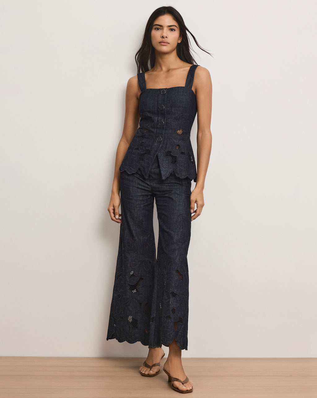 Veronica Beard Osborne Wide-Leg Eyelet Pant - Indigo Rinse