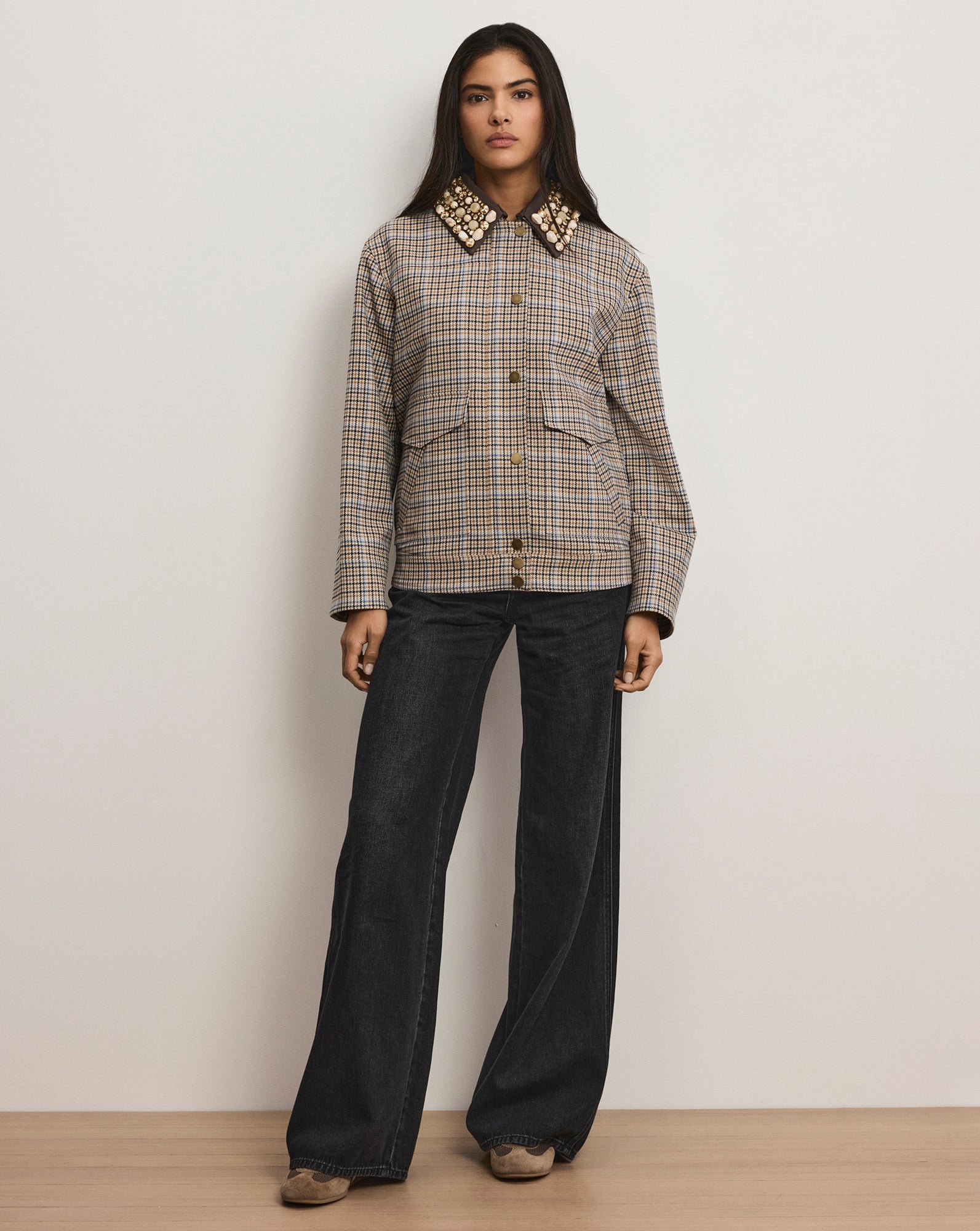 Kasper Plaid Chore Jacket in Brown & Blue | Veronica Beard