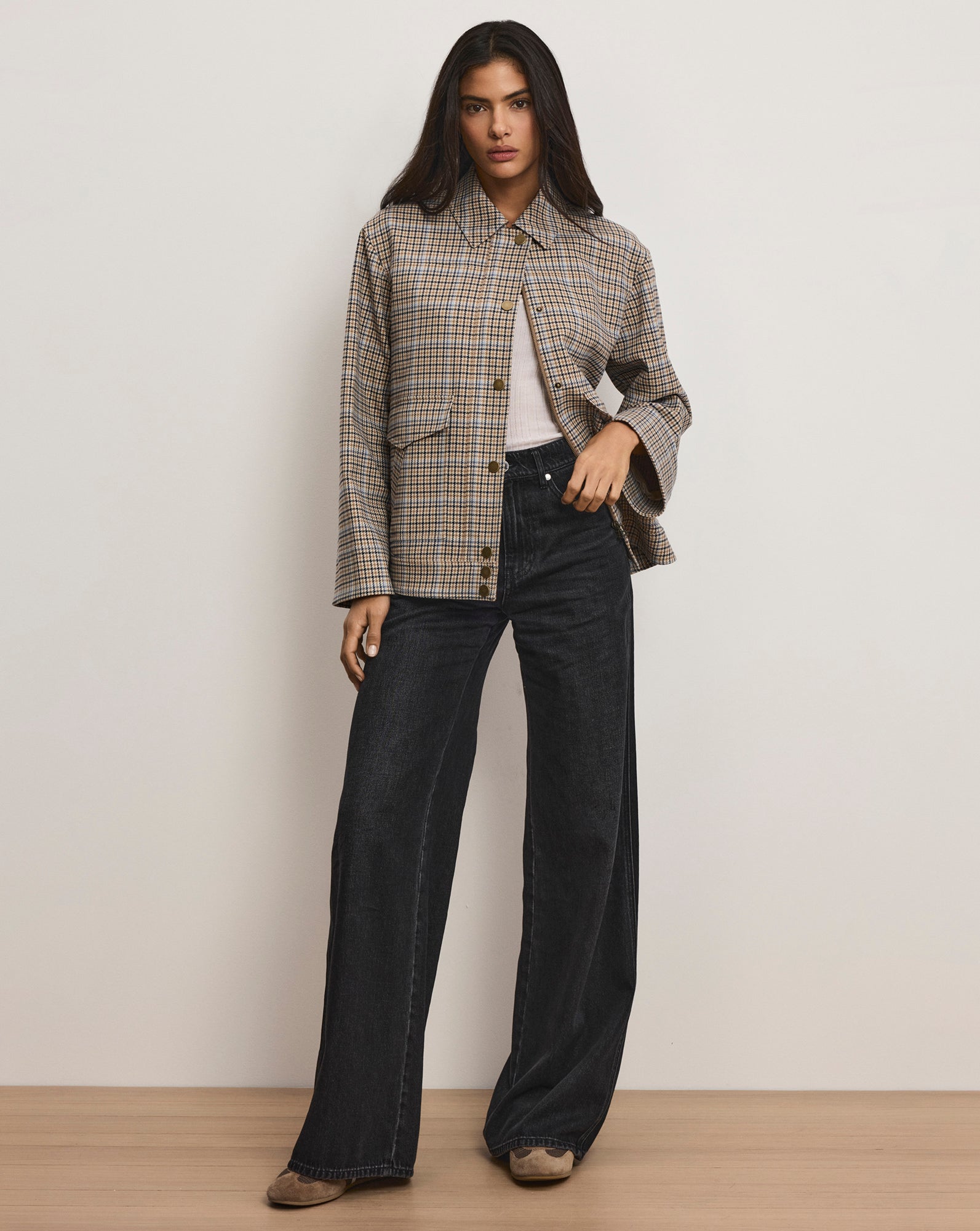 Kasper Plaid Chore Jacket in Brown & Blue | Veronica Beard