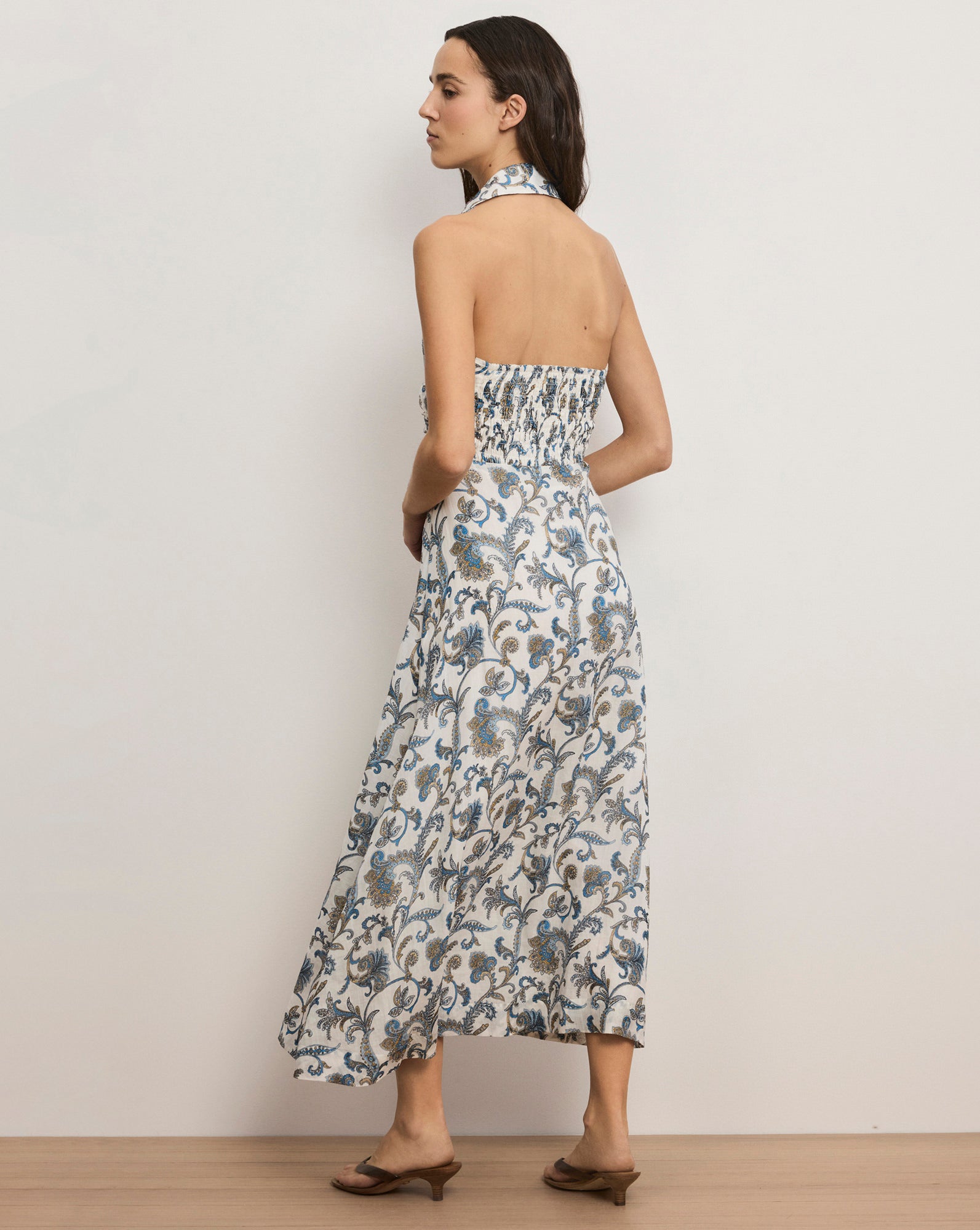 Mackey Paisley Halter Midi Dress in Dove White MultiBlue & White
