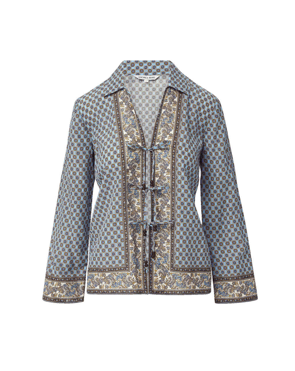 Veronica Beard Light blue patterned long-sleeve shirt with a v-neck and decorative front ties.