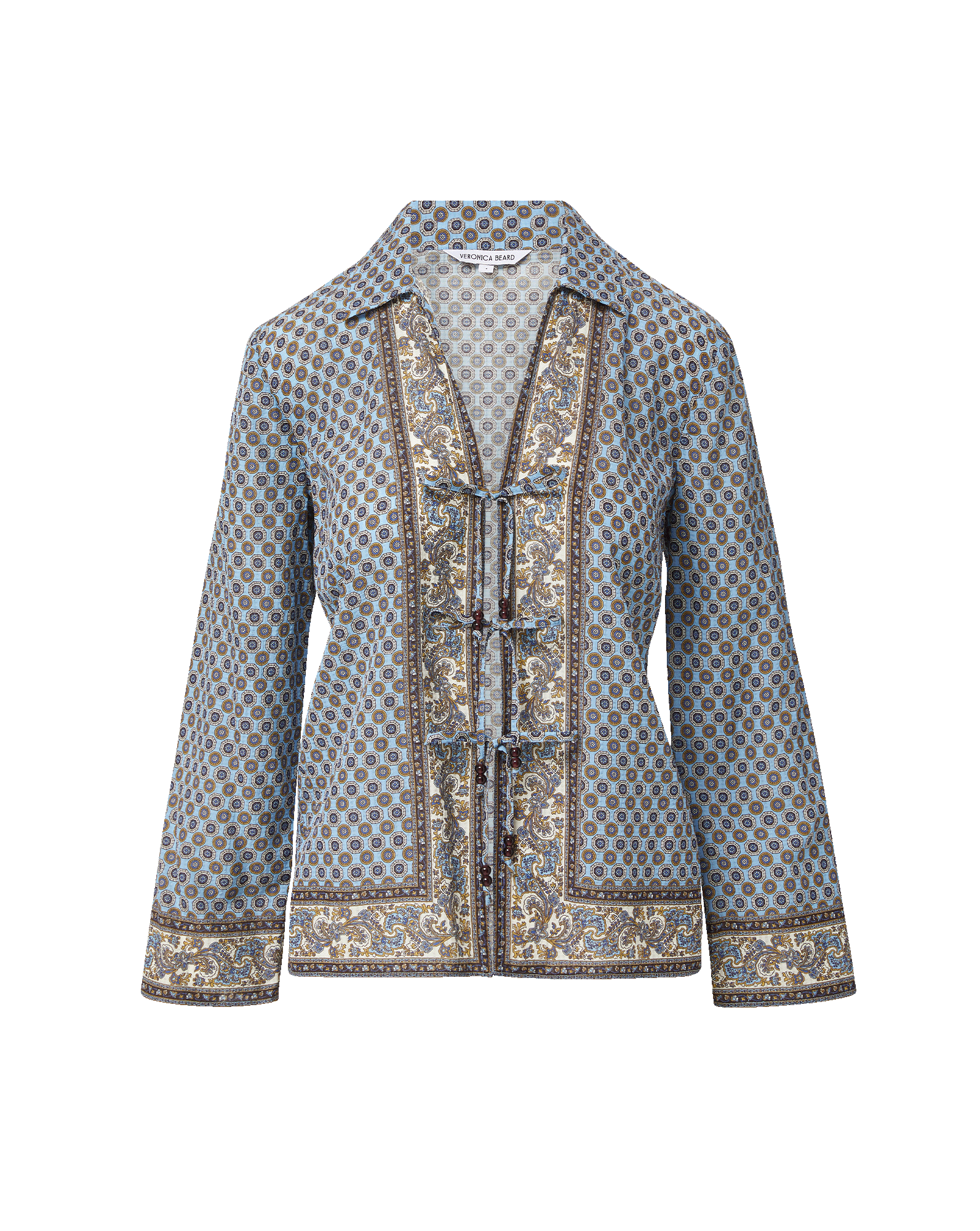 Veronica Beard Light blue patterned long-sleeve shirt with a v-neck and decorative front ties.