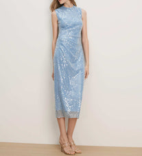 Veronica Beard Light blue sequined sleeveless midi dress with a high neck and ruched side detail.