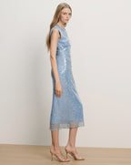Veronica Beard Light blue sleeveless midi dress with all-over sequins and a sheer hem.