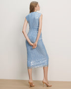 Veronica Beard Light blue sequined midi dress with a high neck and cap sleeves.