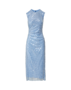 Veronica Beard Light blue sequined sleeveless midi dress with a high neck.