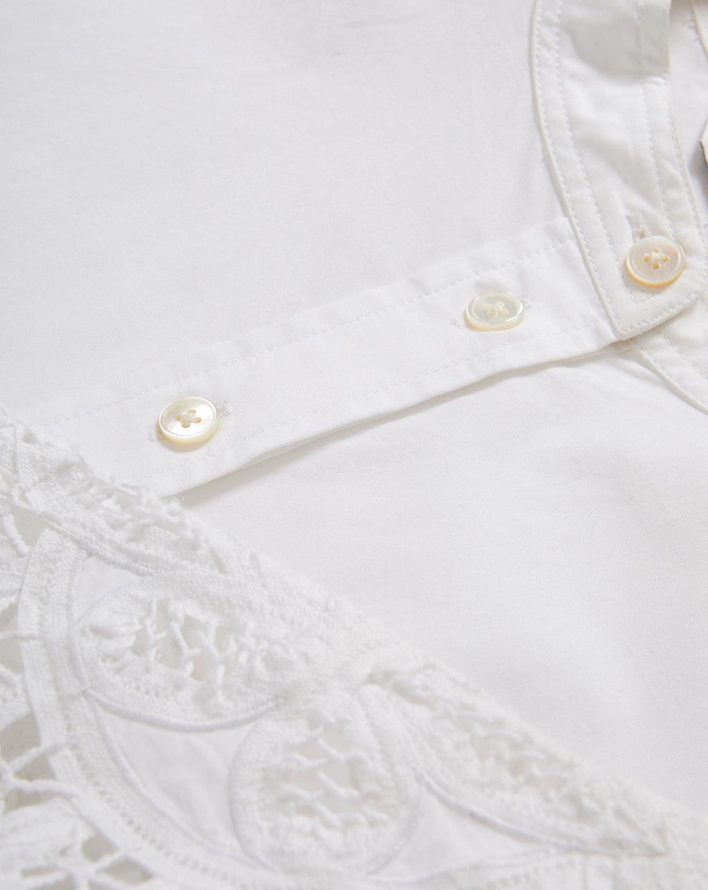 Veronica Beard White cotton shirt with a button-down collar and a crochet lace panel on the shoulder.