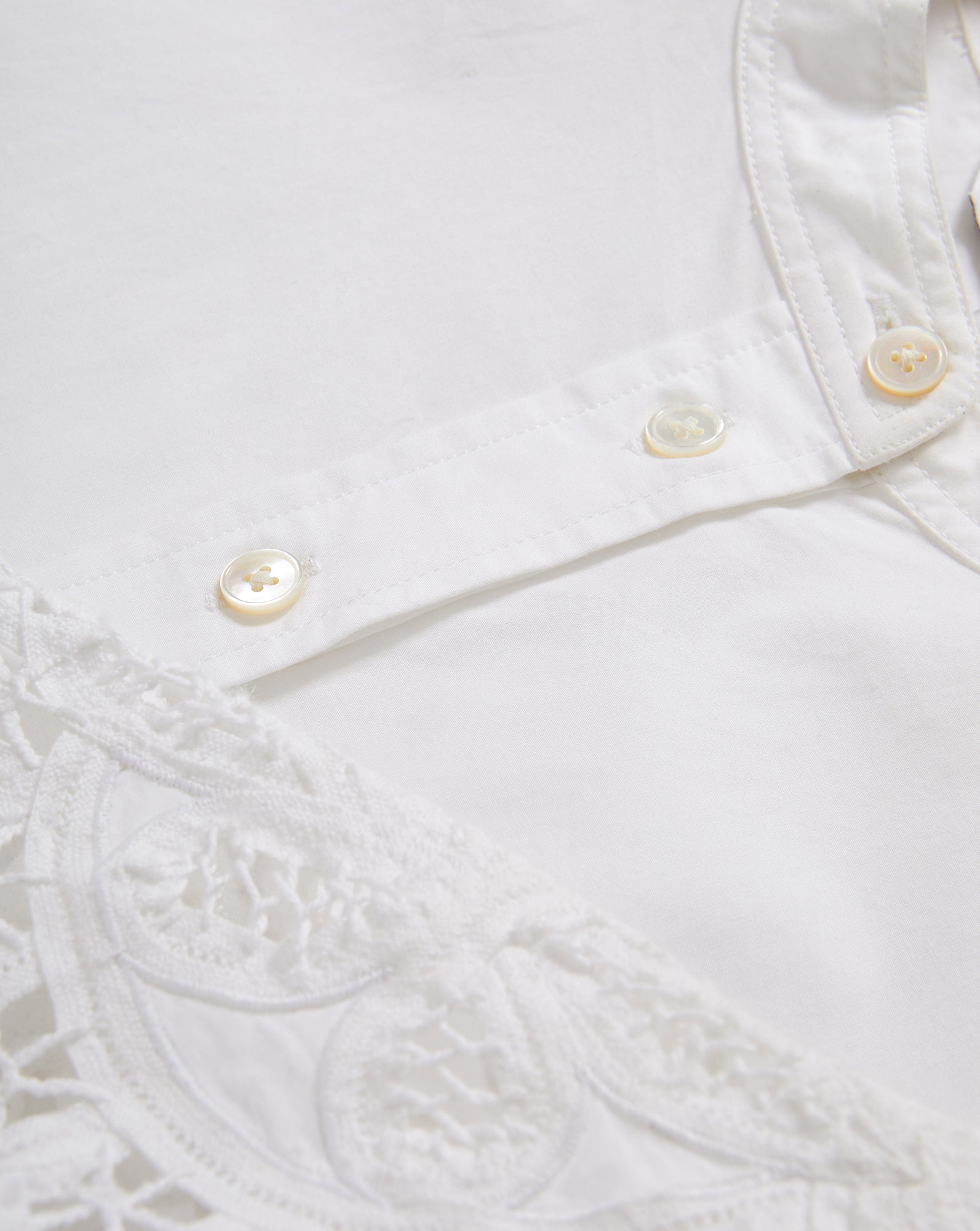 Veronica Beard White cotton shirt with a button-down collar and a crochet lace panel on the shoulder.