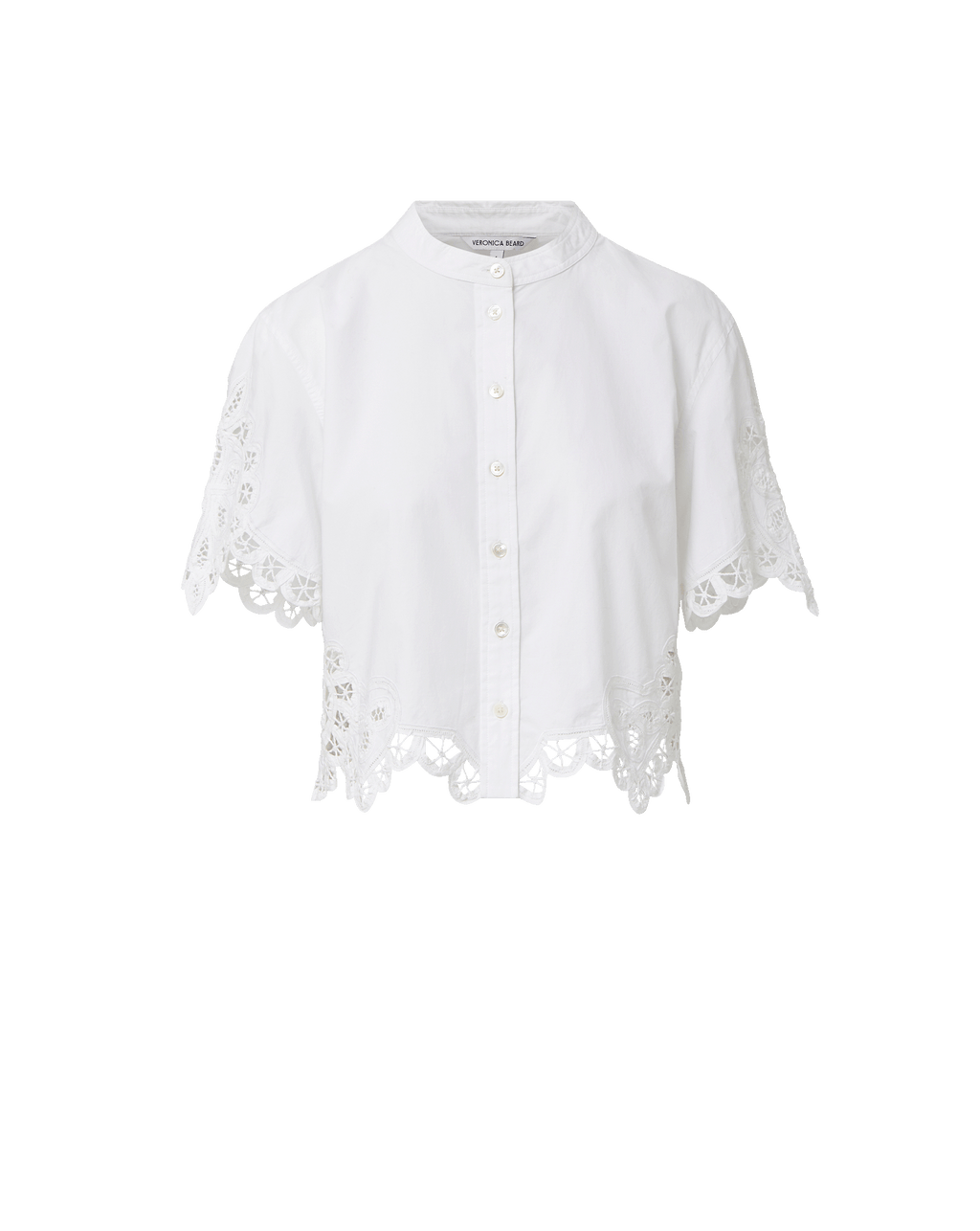 Veronica Beard White cotton short-sleeve blouse with a band collar, button-front closure, and scalloped eyelet lace trim.