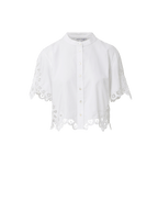 Veronica Beard White cotton short-sleeve blouse with a band collar, button-front closure, and scalloped eyelet lace trim.