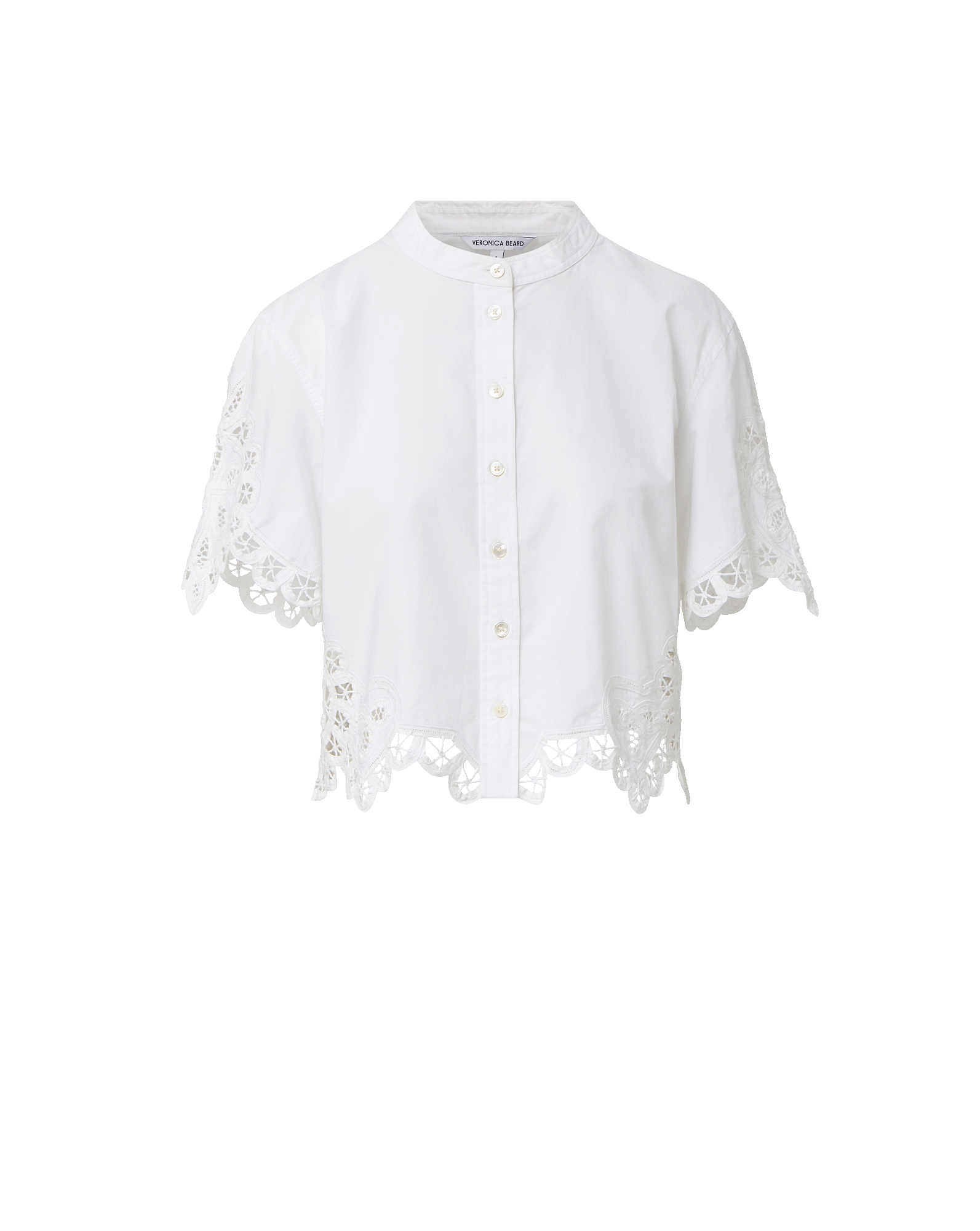 Veronica Beard White cotton short-sleeve blouse with a band collar, button-front closure, and scalloped eyelet lace trim.