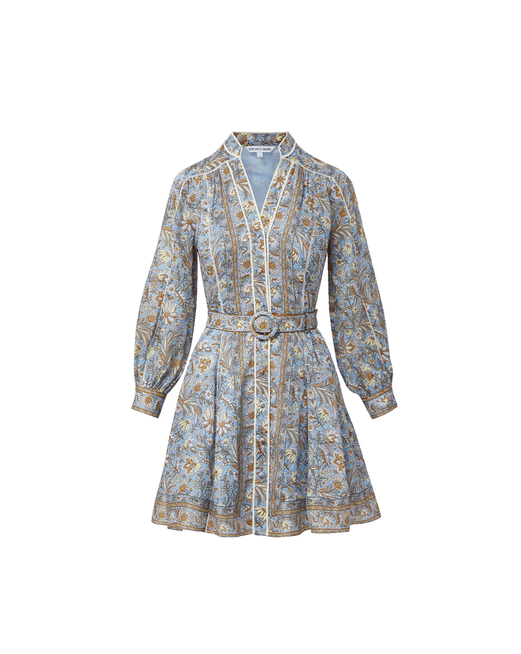 blue floral dress long sleeve Veronica Beard Kumar Belted Mini Dress | Blue Jay Multi