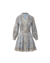 Veronica Beard Blue floral print mini dress with a belted waist, long sleeves, and a mandarin collar.