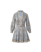 Veronica Beard Blue floral print mini dress with a belted waist, long sleeves, and a mandarin collar.