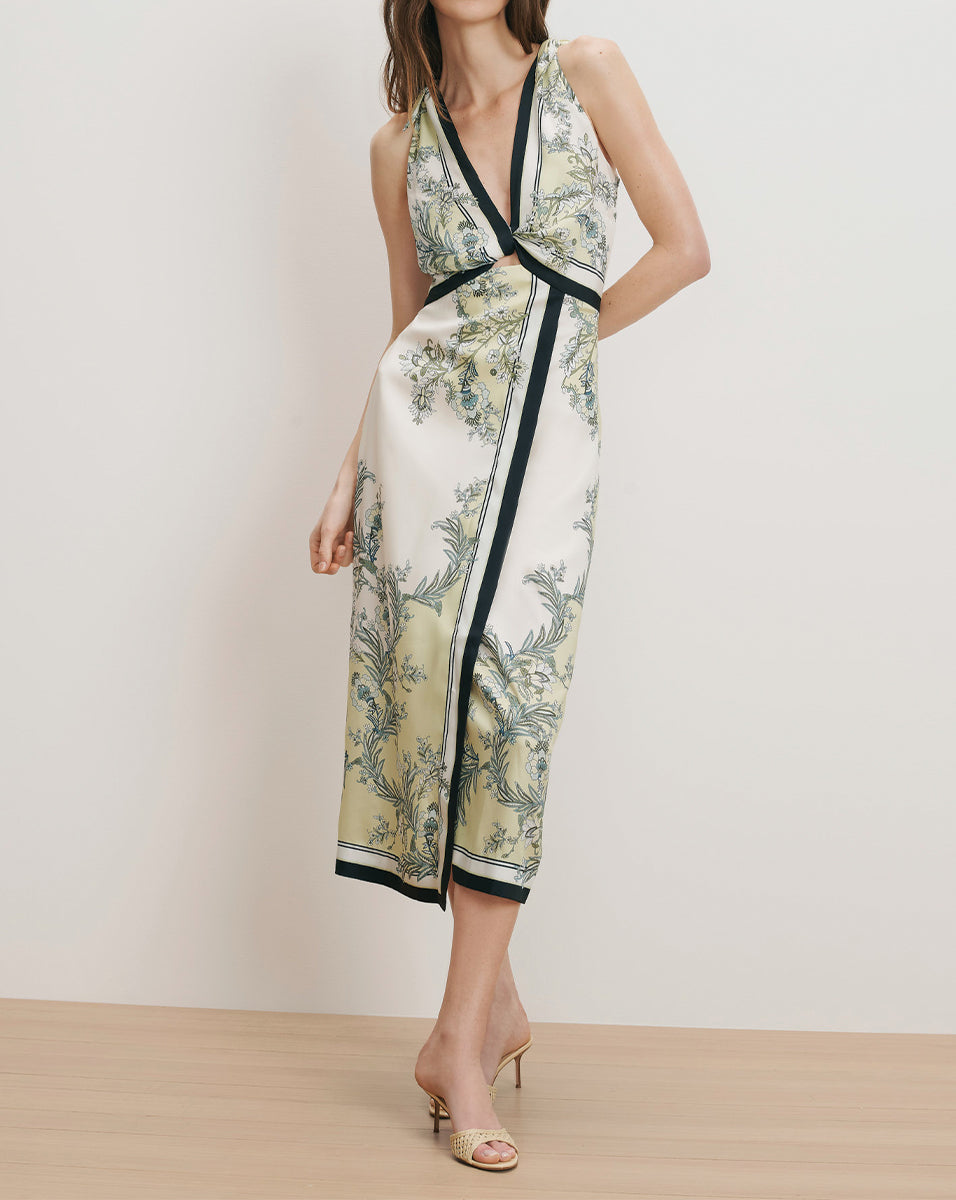 Kaliza Scarf-Print Midi Dress in Light Green Pistachio Multi