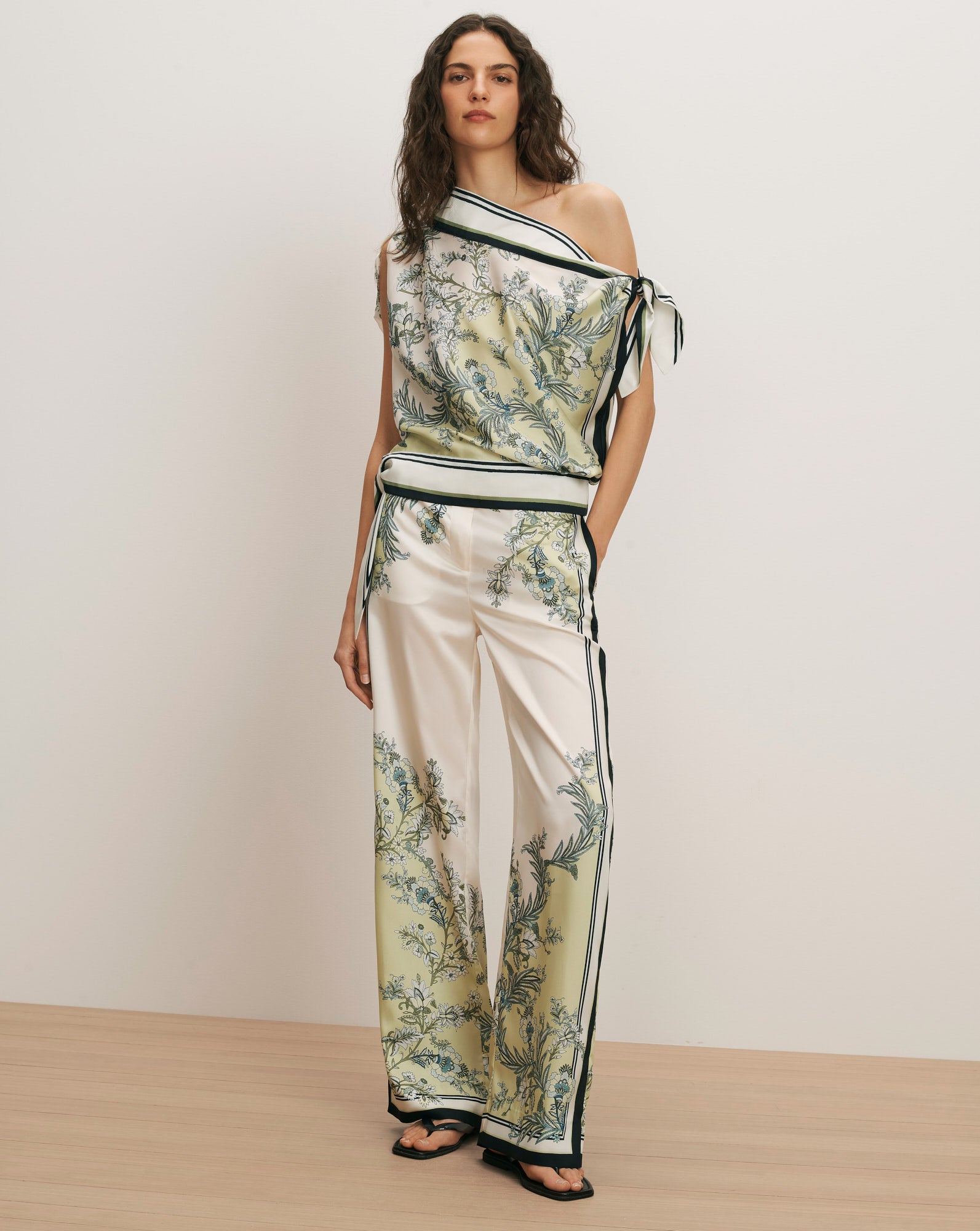 Veronica Beard Tari One-Shoulder Blouse - Light Pistachio Multi