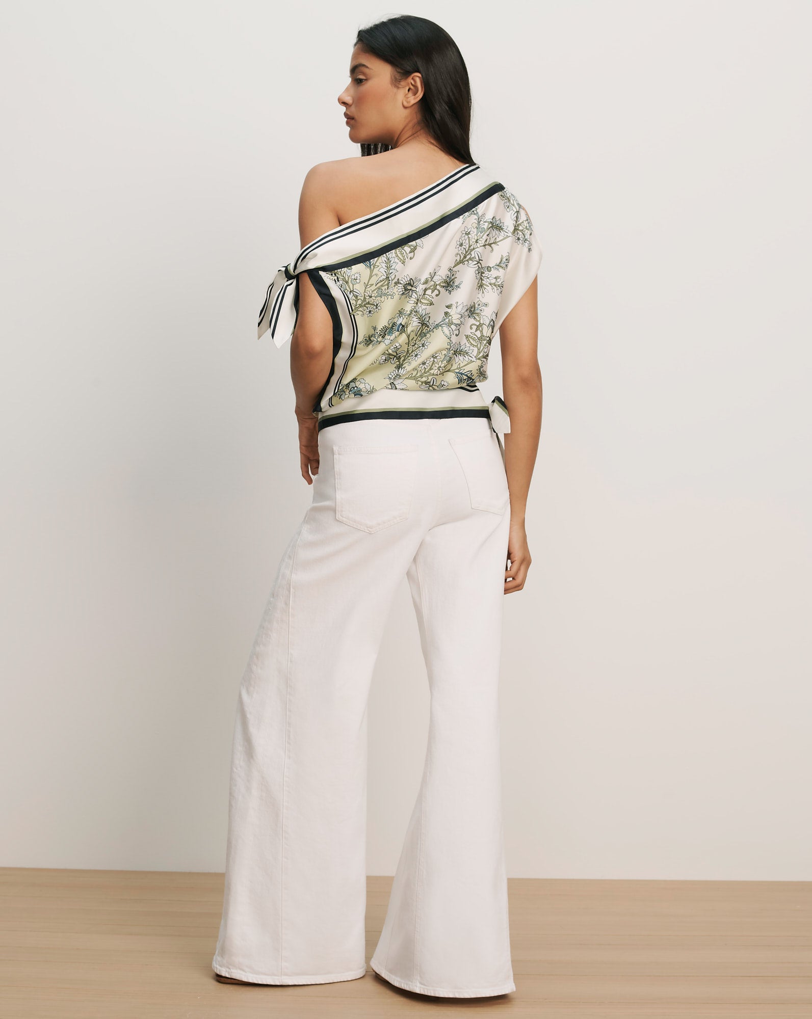 Tari One-Shoulder Blouse in Light Green Pistachio Multi | Veronica