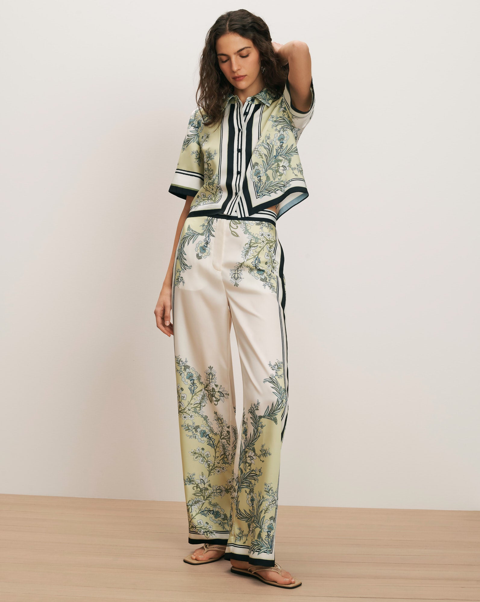 Grigore Wide-Leg Silk Pant in Light Green Pistachio Multi