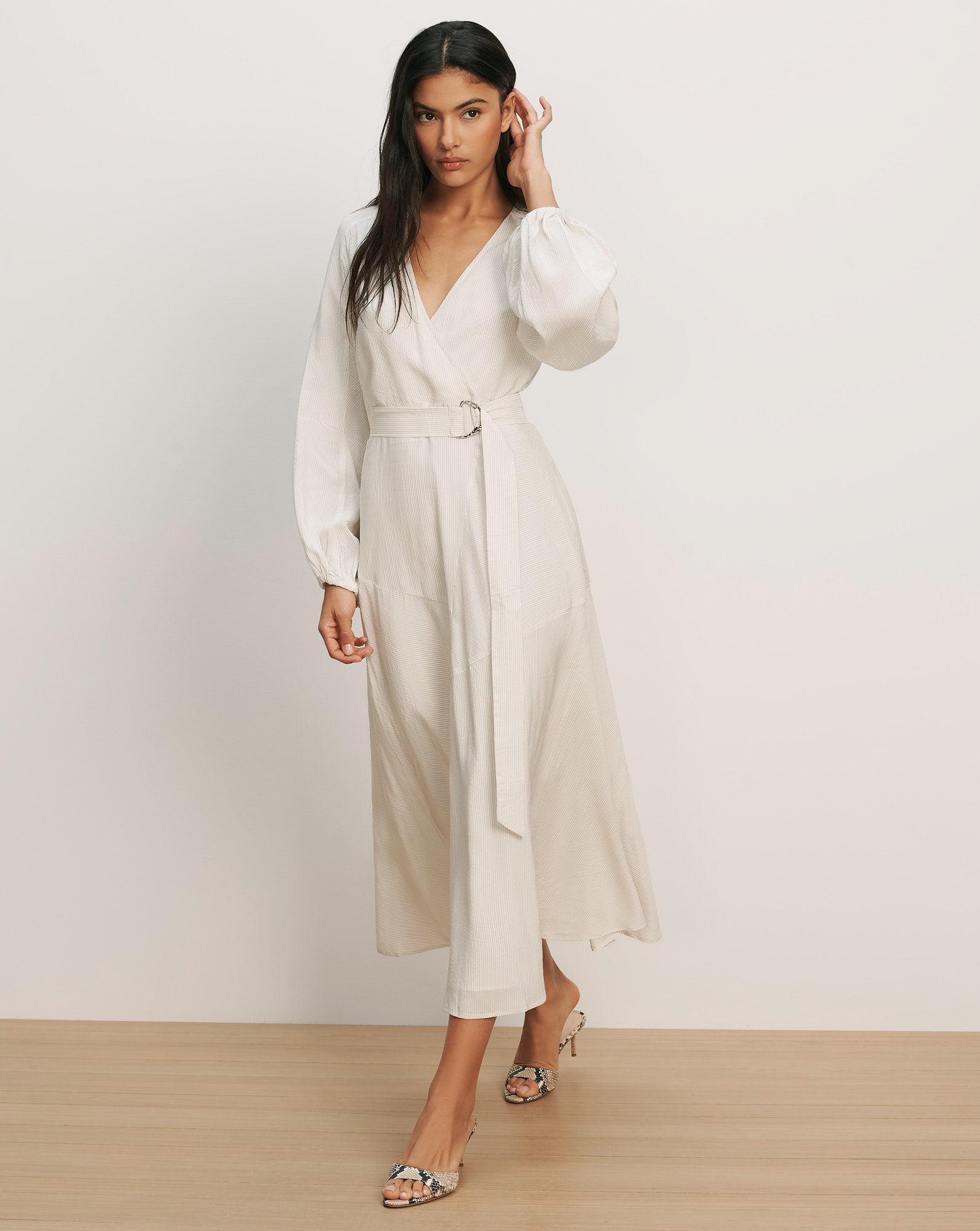Veronica Beard Seneca Bishop-Sleeve Midi Dress | Dove White