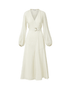 Veronica Beard Cream midi wrap dress with a V-neck, long balloon sleeves, and a D-ring belt.