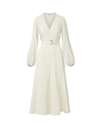 Veronica Beard Cream midi wrap dress with a V-neck, long balloon sleeves, and a D-ring belt.