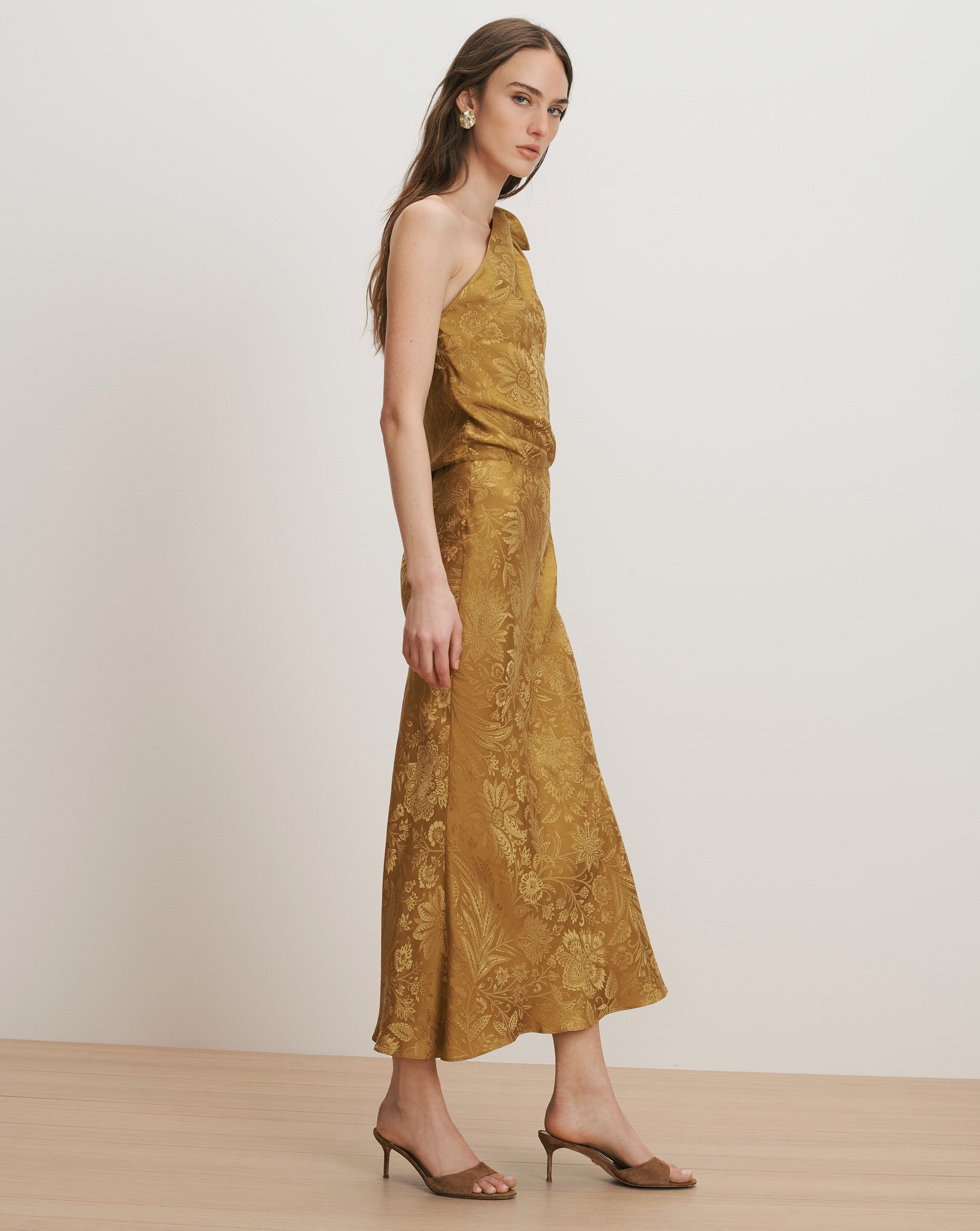 Grycen One-Shoulder Jacquard Midi Dress in Gold Ochre | Veronica Beard