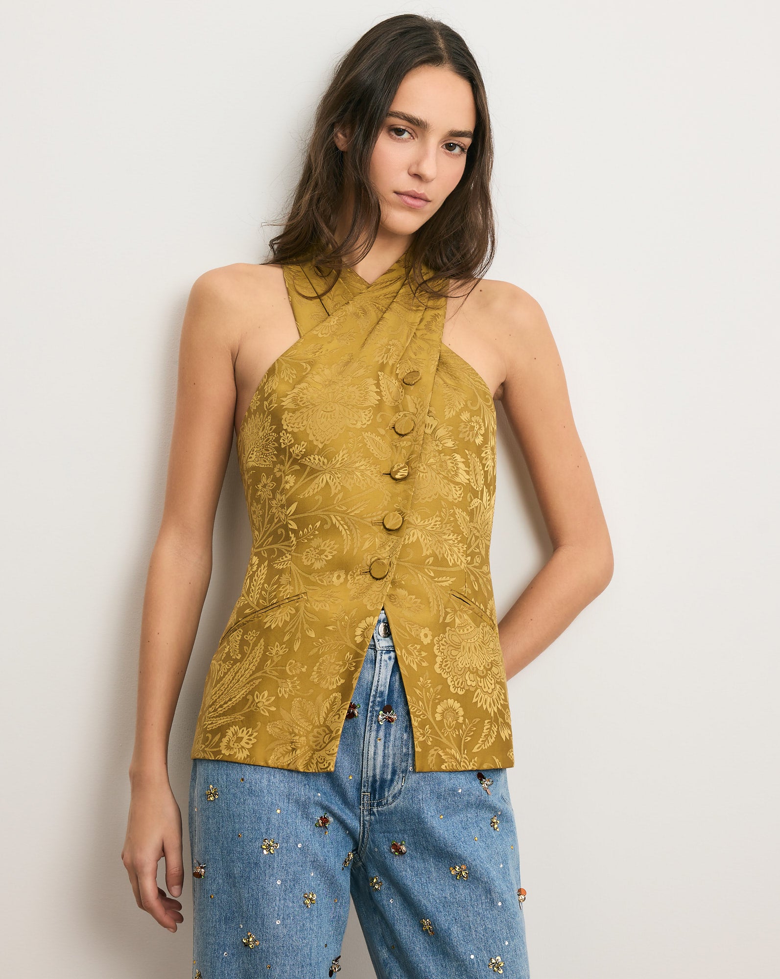Pacey Jacquard Halter Top in Gold Ochre | Veronica Beard