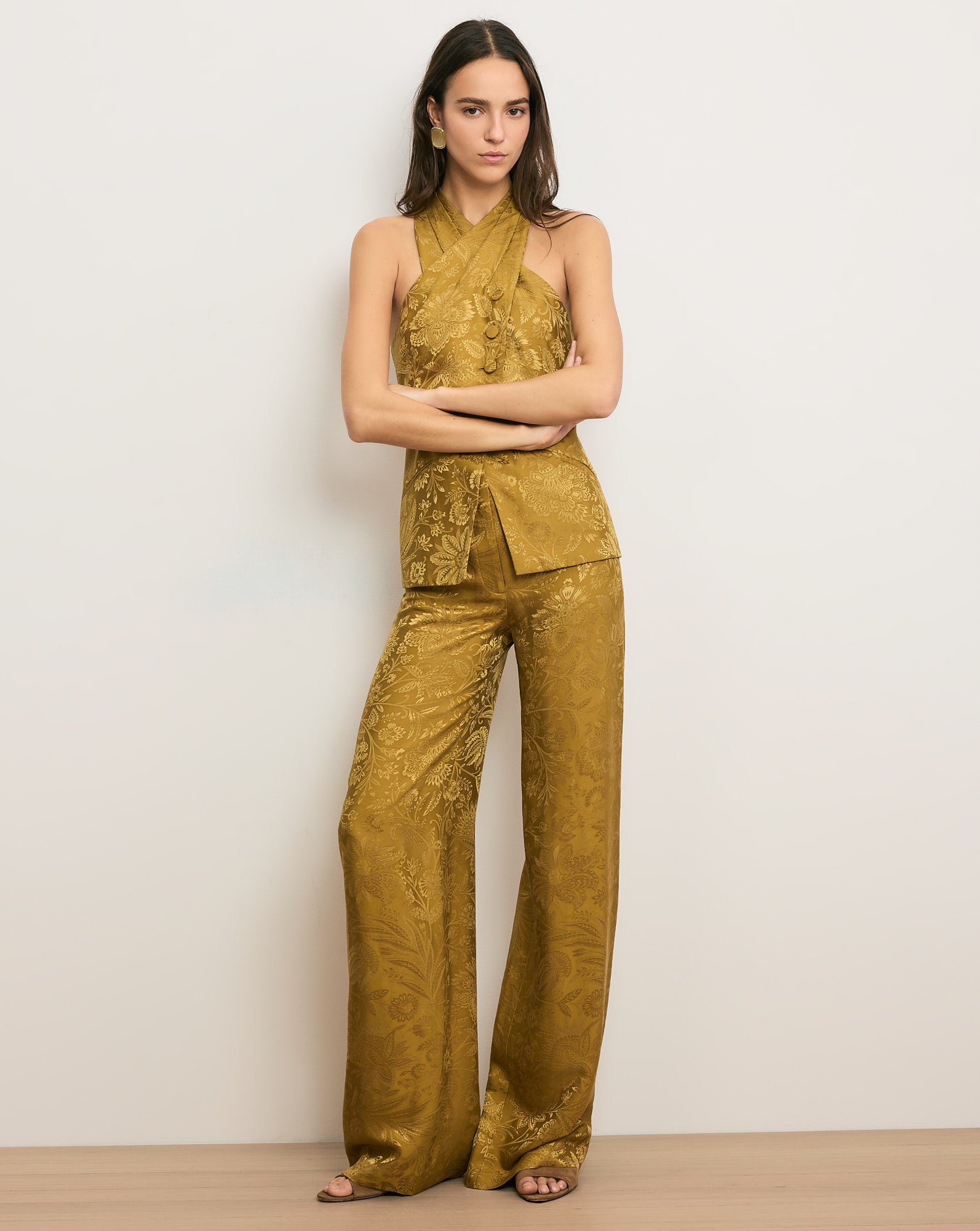Ronin Wide-Leg Jacquard Pant in Gold Ochre | Veronica Beard