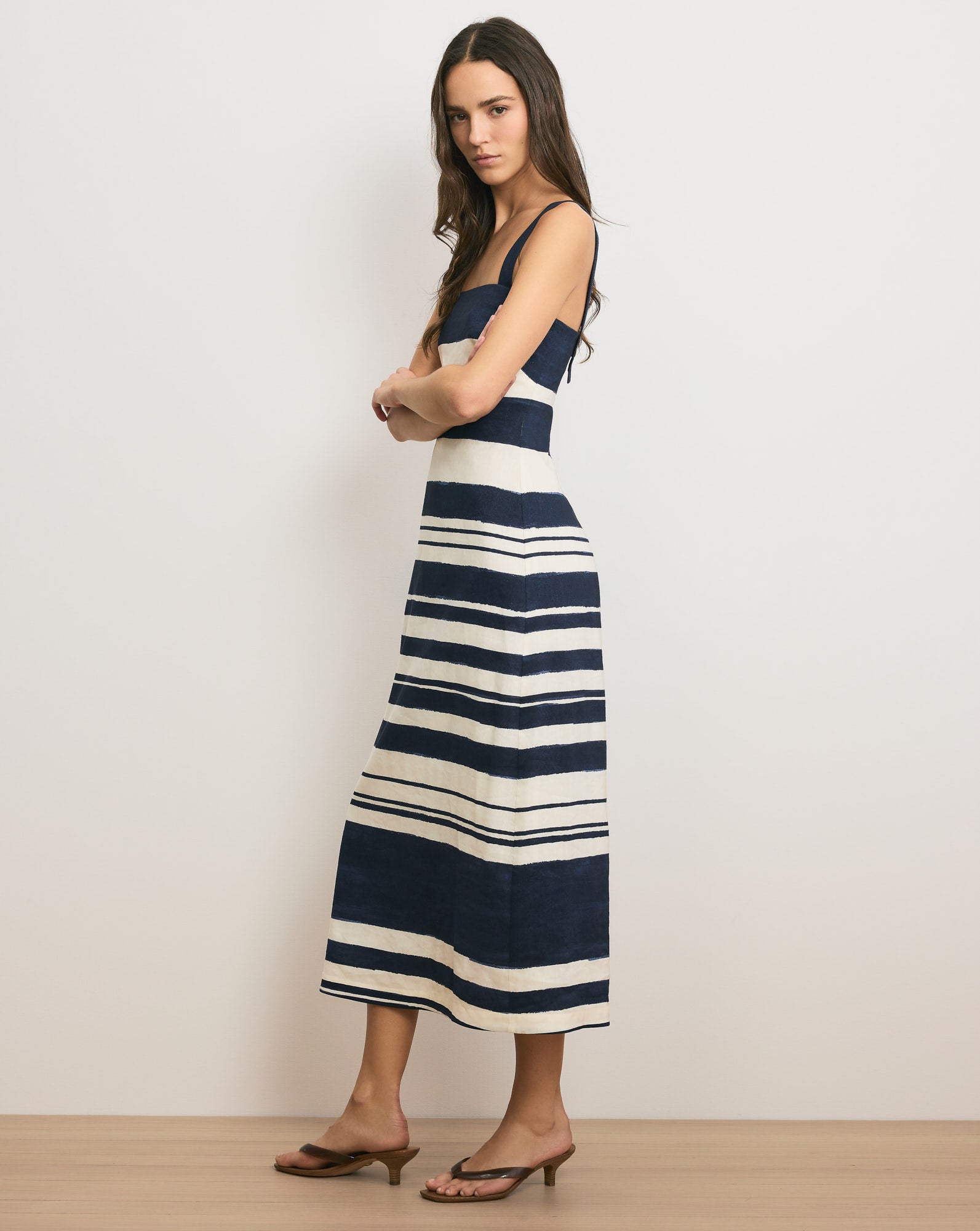 knee length dresses for ladies Ella Striped Midi Dress in Navy & Dove Stripes