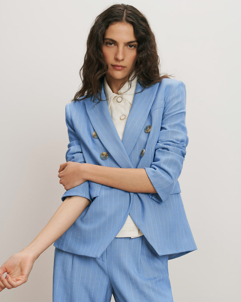 Veronica Beard Miller Pinstripe Dickey Jacket - Blue Jay/Dove White