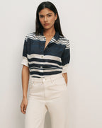 Veronica Beard Navy and white striped short-sleeve button-up shirt with a collar and cuffed sleeves.