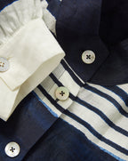 Veronica Beard Navy and white striped linen shirt with mother-of-pearl buttons and ruffled cuffs.