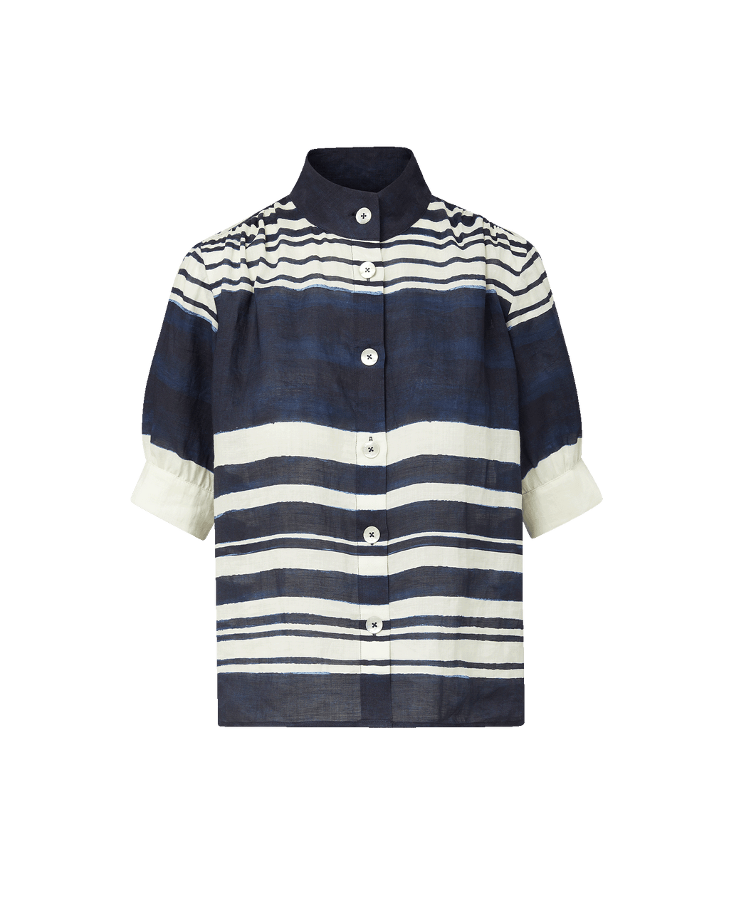 Veronica Beard Navy and white striped linen blouse with a band collar, button-front, and elbow-length puff sleeves.