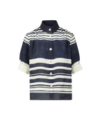 Veronica Beard Navy and white striped linen blouse with a band collar, button-front, and elbow-length puff sleeves.