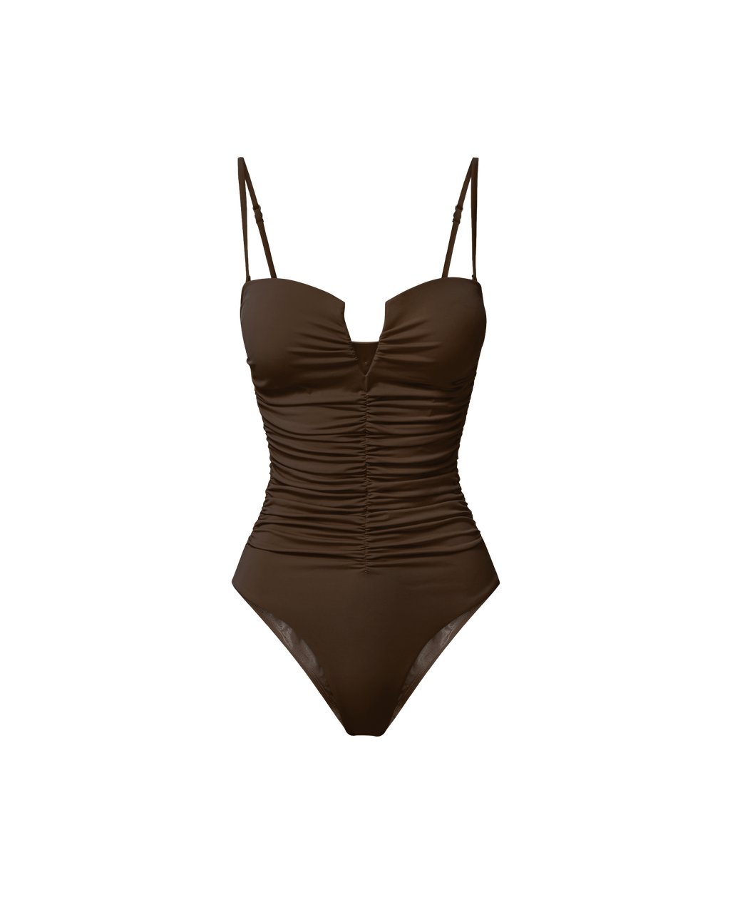 Veronica Beard Brown ruched one-piece swimsuit with thin straps and a V-neckline.