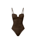 Veronica Beard Brown ruched one-piece swimsuit with thin straps and a V-neckline.