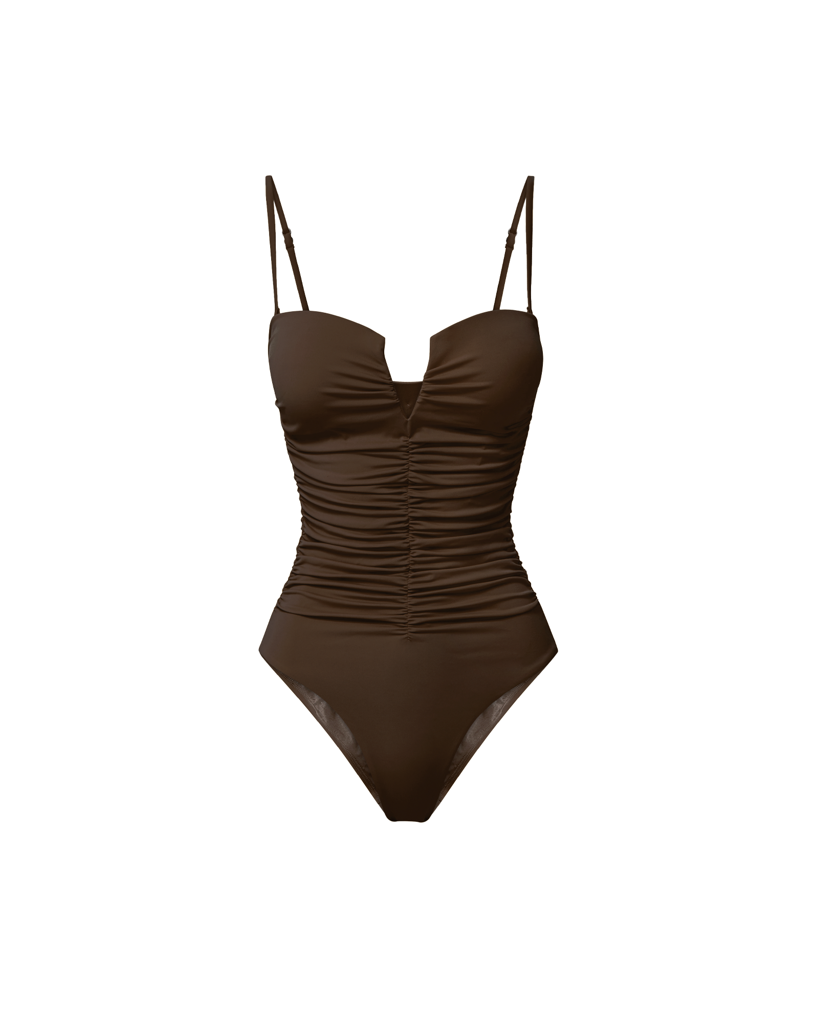 Veronica Beard Brown ruched one-piece swimsuit with thin straps and a V-neckline.