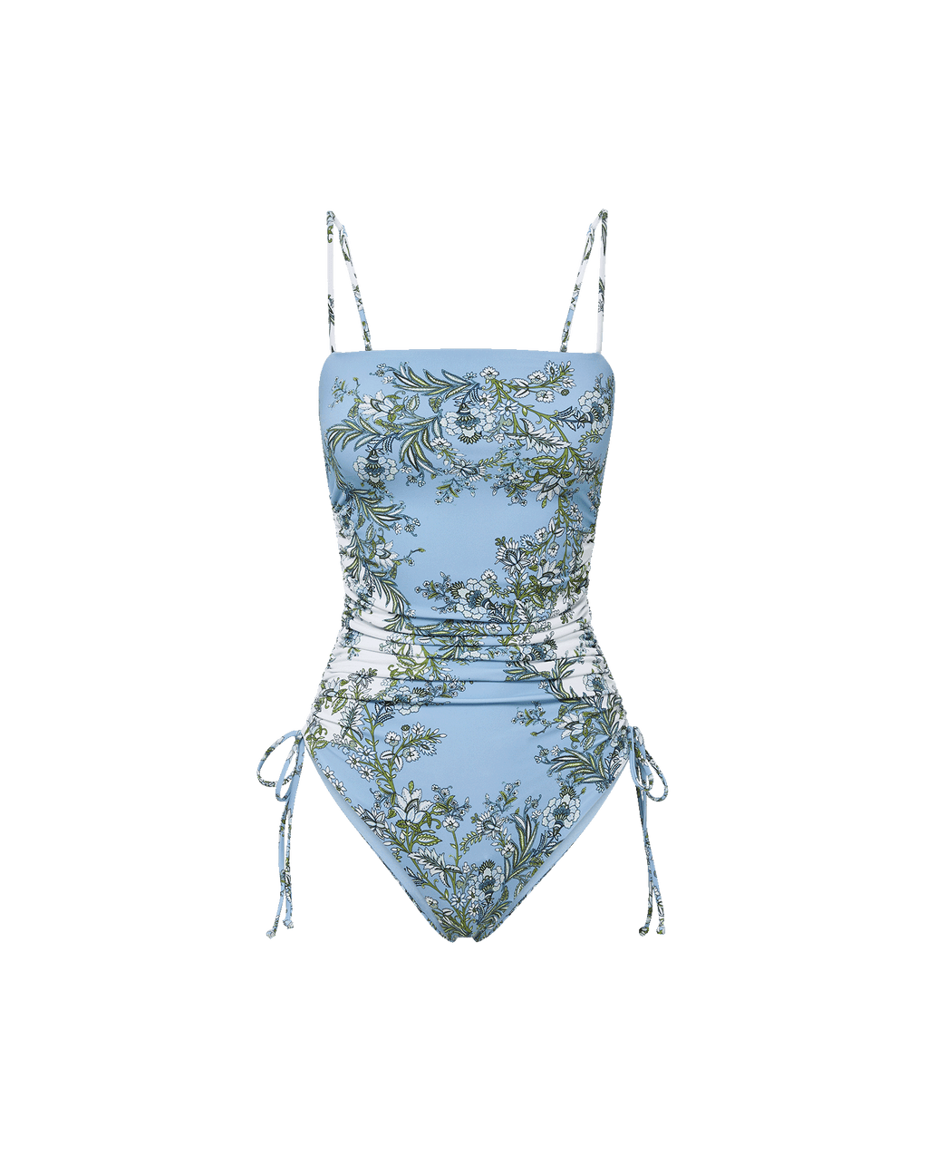 Veronica Beard Light blue one-piece swimsuit with white and green floral print, ruched sides, and adjustable ties.