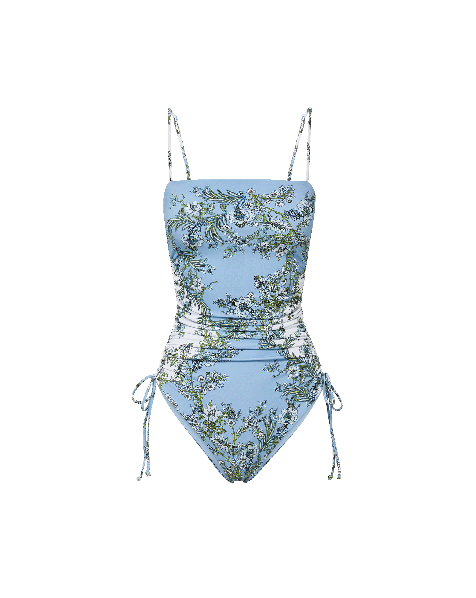 Veronica Beard Light blue one-piece swimsuit with white and green floral print, ruched sides, and adjustable ties.